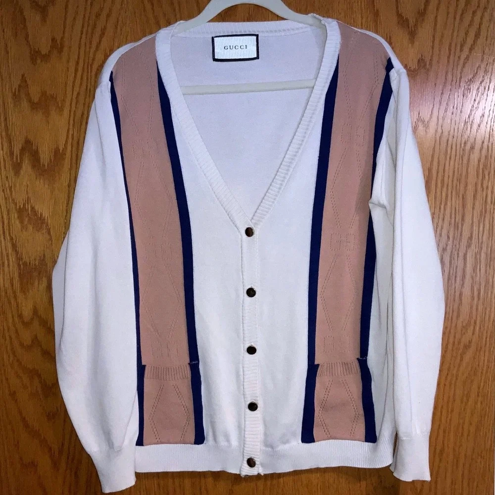 GUCCI Mens White Navy Tan Luxury Knit Cardigan‎ Sweater V Neck Pockets Size S